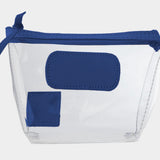 Jon Hart Airport Chico clear TSA-compliant travel pouch with royal blue Natural Leather trim, flat bottom, and zippered brass closure—perfect for carrying 3oz liquids and travel essentials.