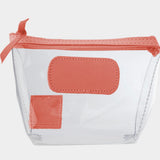 Jon Hart Airport Chico clear TSA-compliant travel pouch with salmon Natural Leather trim, flat bottom, and zippered brass closure—perfect for carrying 3oz liquids and travel essentials.