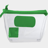 Jon Hart Airport Chico clear TSA-compliant travel pouch with shamrock Natural Leather trim, flat bottom, and zippered brass closure—perfect for carrying 3oz liquids and travel essentials.