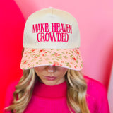 Zenana White cap with “Make Heaven Crowded” embroidery and floral-print bill, adjustable strap.