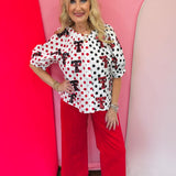 Queen Of Sparkles Licensed Texas Tech Mascot Polka Dot Colorblock Button Up Top