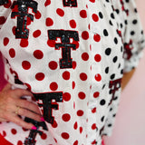 Queen Of Sparkles Licensed Texas Tech Mascot Polka Dot Colorblock Button Up Top