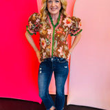Brown Floral Print Puff Sleeve Top