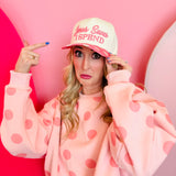 Cream hat with pink polka dot bill and Jesus saves I spend embroidery