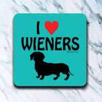 Blue coaster with wiener dog graphic and I Heart Wieners design.