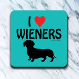 Blue coaster with wiener dog graphic and I Heart Wieners design.