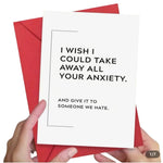 White card with black design and red envelope, expressing caring words.