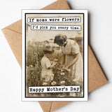 Mother’s Day card with mom and child picking flowers illustration.