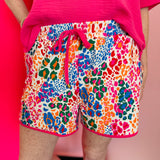 Multicolor leopard print drawstring shorts with elastic waist and pink trim