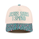 Leopard print bill cap with teal embroidered “Jesus Saves I Spend” phrase and adjustable strap.