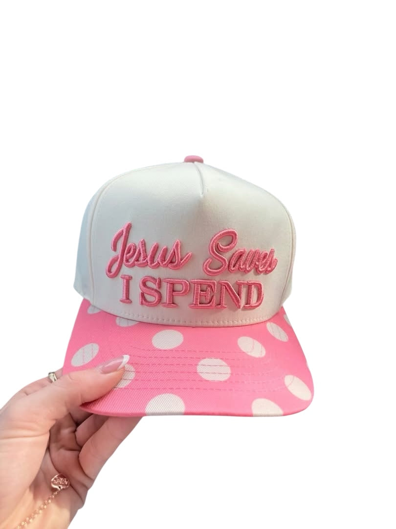 Cream hat with pink polka dot bill and Jesus saves I spend embroidery
