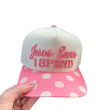 Cream hat with pink polka dot bill and Jesus saves I spend embroidery