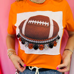 Green football tee with oversized green and clear rhinestone crystals and football patch.