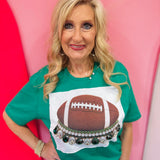 Green football tee with oversized green and clear rhinestone crystals and football patch.