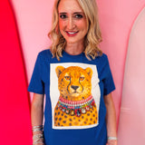 Royal blue cheetah tee with colorful jeweled crystal necklace.