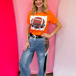 Maroon football tee with oversized maroon and clear rhinestone crystals and football patch.