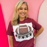 Maroon football tee with oversized maroon and clear rhinestone crystals and football patch.