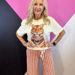 Natural tiger graphic tee with layered necklace design and sparkling multicolored jewels.