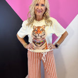Natural tiger graphic tee with layered necklace design and sparkling multicolored jewels.