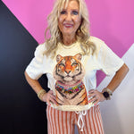 Natural tiger graphic tee with layered necklace design and sparkling multicolored jewels.