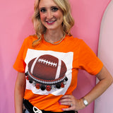 Orange football tee with oversized orange, black, and clear rhinestone jeweled collar.