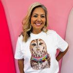 White owl tee from our Jewel Collared Collection with oversized rhinestone collar.