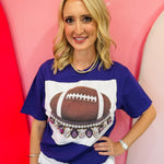 Purple football tee with oversized purple and clear rhinestone crystals and football patch.