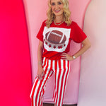Red football tee with hand-set red and clear rhinestone jeweled collar.