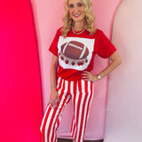 Red football tee with hand-set red and clear rhinestone jeweled collar.