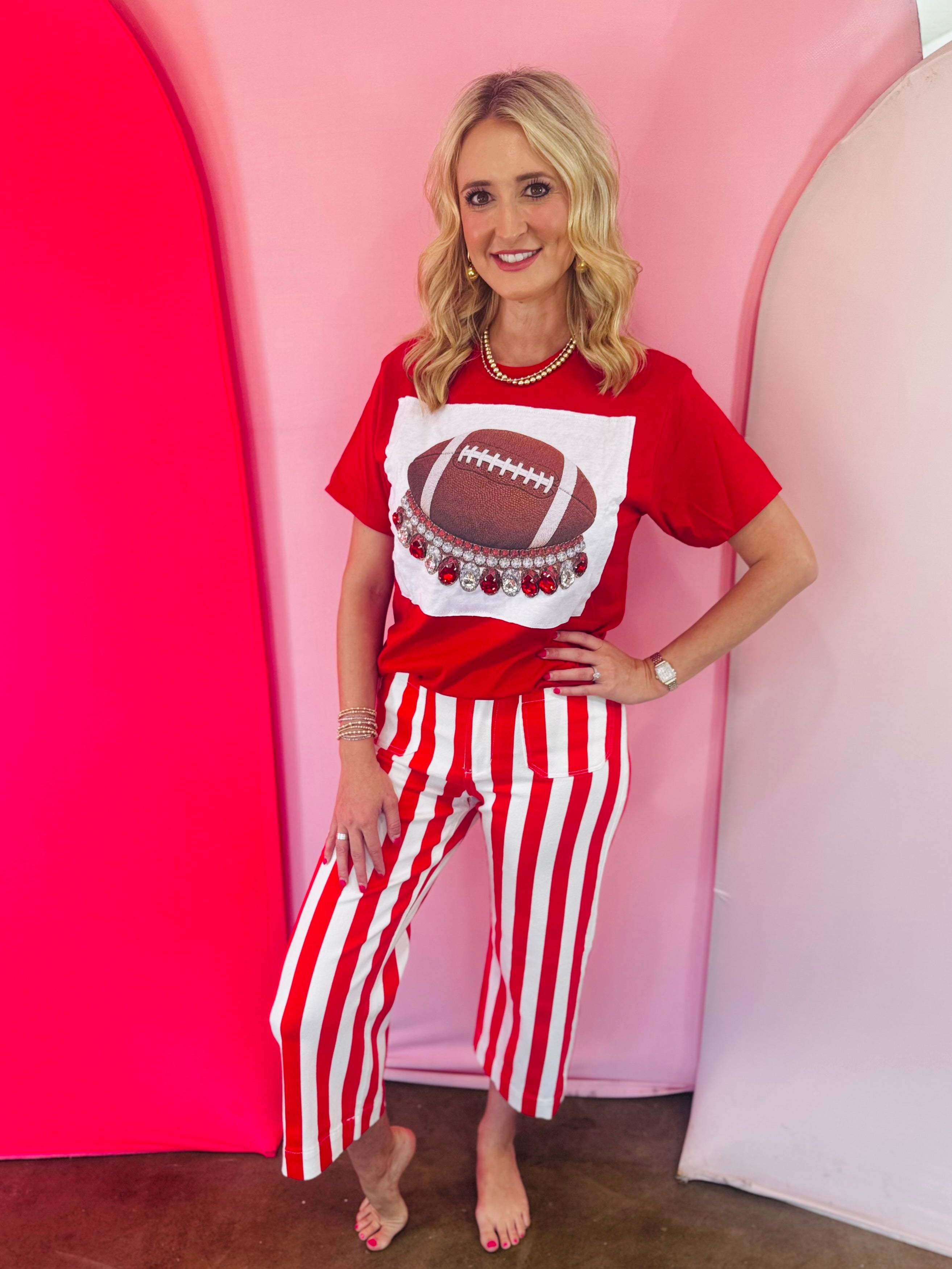Red football tee with hand-set red and clear rhinestone jeweled collar.
