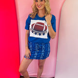 Royal blue football tee with hand-set blue and clear rhinestone jeweled collar.