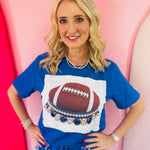 Royal blue football tee with hand-set blue and clear rhinestone jeweled collar.