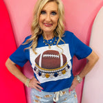 Royal blue football tee with yellow, blue, and clear rhinestone crystals.