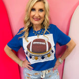 Royal blue football tee with yellow, blue, and clear rhinestone crystals.