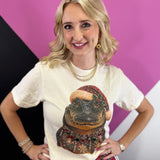 Christmas alligator tee with Santa hat, colorful ornaments, rhinestones, and jeweled neckline.