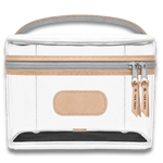 Jon Hart Clear Makeup Case with transparent sides, coated canvas panels and natural leather handle.
