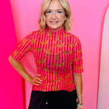 Sheer mesh striped top with leopard print and short sleeves.