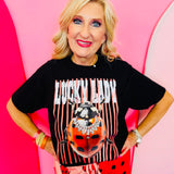 Black ladybug graphic tee with striped and rhinestone accents.