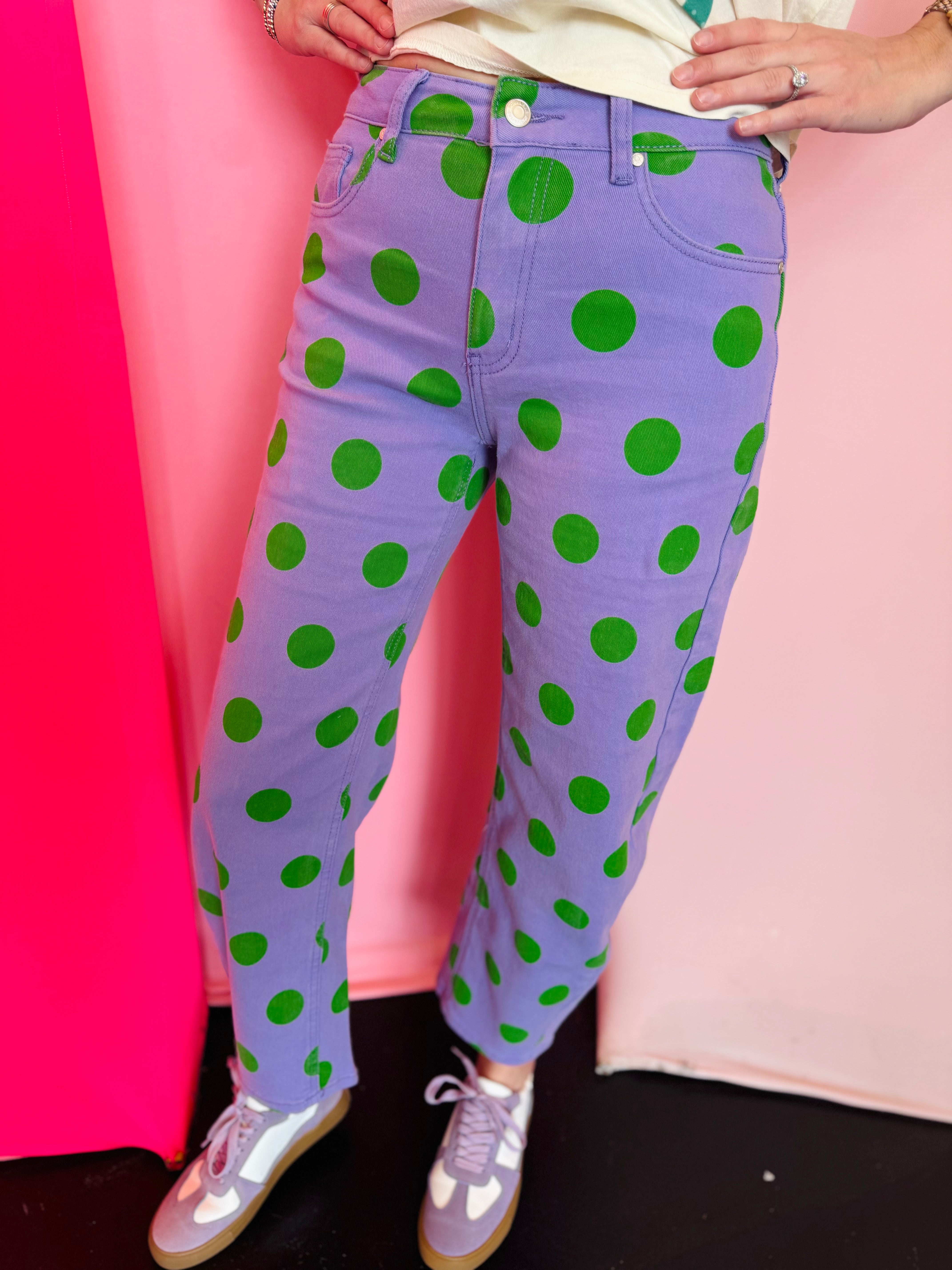 Purple barrel pants with large green polka dots and high waist fit.
