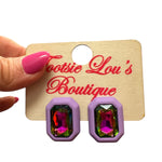 Lavender rectangle stud earrings with faux rhinestone set in smooth lavender acrylic.