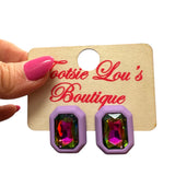Lavender rectangle stud earrings with faux rhinestone set in smooth lavender acrylic.