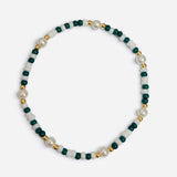 Green and white waterproof  bracelet with gold-filled beads and glass pearl accents.