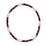 Maroon and black waterproof bracelet with gold-filled beads and glass pearl accents.