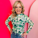 Green clover print mock neck long sleeve mesh top