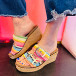 Corky's Manifest multi crochet platform wedge sandals with double buckle straps.