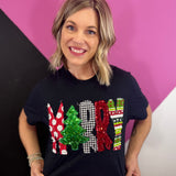 Black Christmas tee with patchwork Merry lettering and sequins.