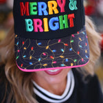 Black Merry & Bright hat with colorful embroidered lettering and Christmas lights on the bill.