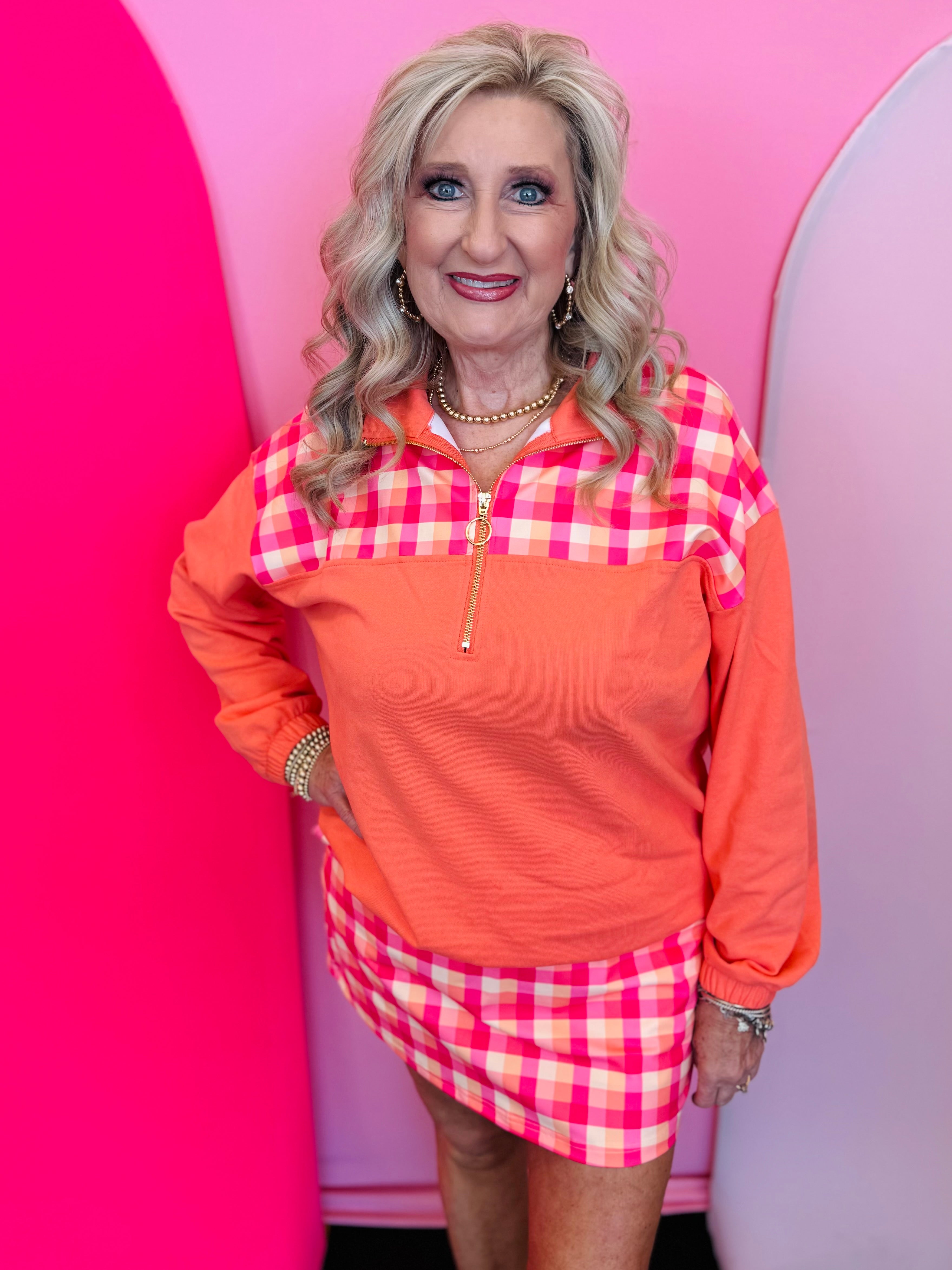 Color-block plaid quarter zip pullover with gold hardware and cozy collar in Summer Crush print