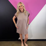 Mocha brown and white striped tee dress with contrast trim and side pockets