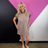 Mocha brown and white striped tee dress with contrast trim and side pockets